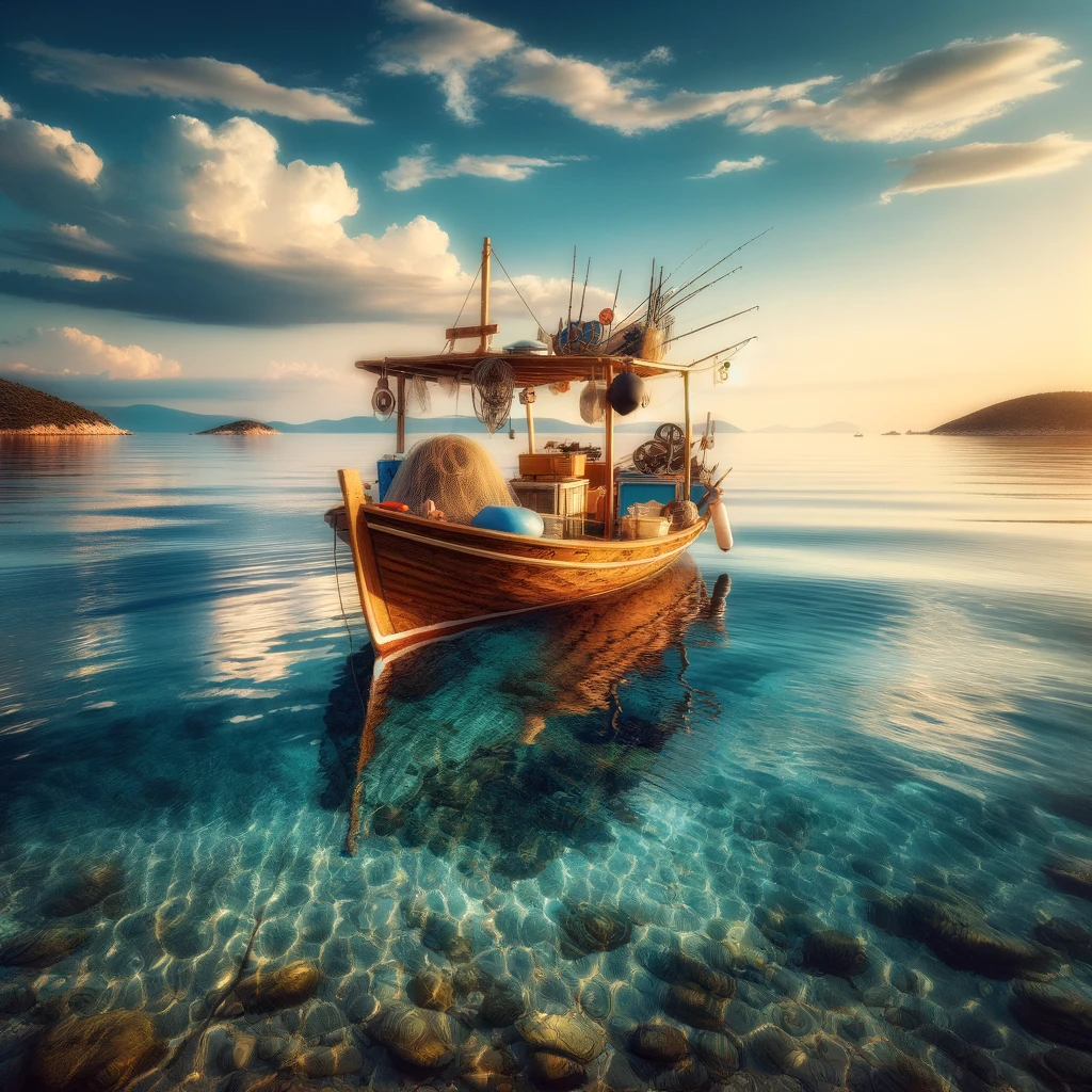 A serene and picturesque scene of a traditional wooden fishing boat, known as a 'naveza', floating on a calm, crystal-clear sea under a bright blue sky. The boat is equipped with fishing gear, including nets and rods, ready for catching orada (sea bream). The horizon is adorned with a few distant islands, adding depth and tranquility to the scene. The sun is gently setting, casting a golden hue over the water, highlighting the natural beauty of the sea and the simplicity of the boat. This image encapsulates the essence of a peaceful fishing excursion in the Mediterranean.